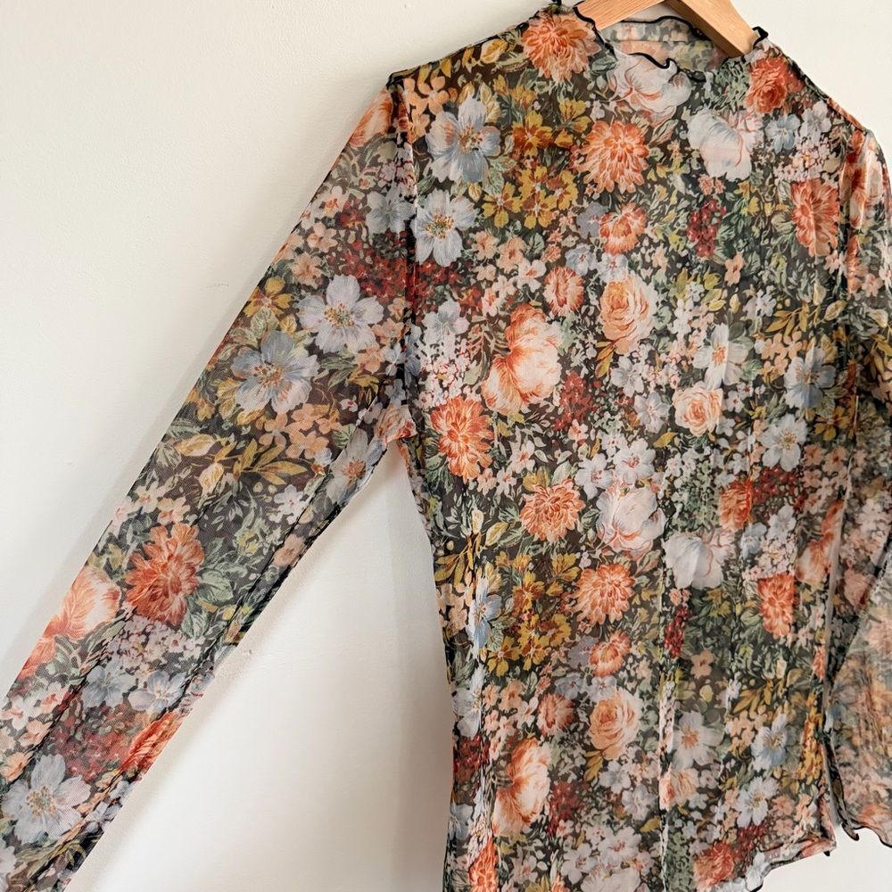 NWT Floral Mesh Mock Neck Sheer Long Sleeve Top Cottagecore Medium - Picture 6 of 9